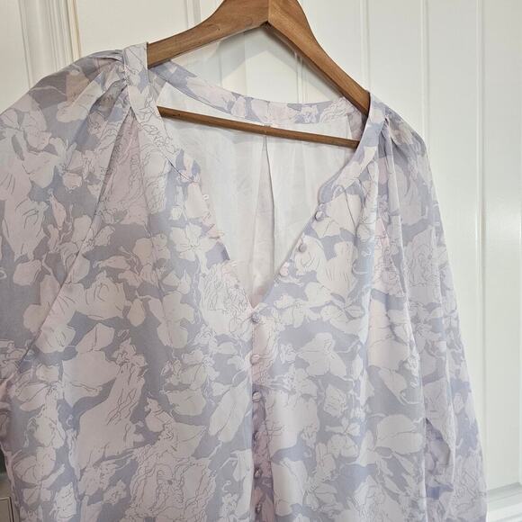 Boho Floral Blouse Women 2X White Button Sheer Balloon Sleeve Peasant Cottage - Picture 3 of 10